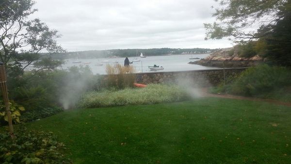 Picture of commercial irrigation. Spinklers watering grass.